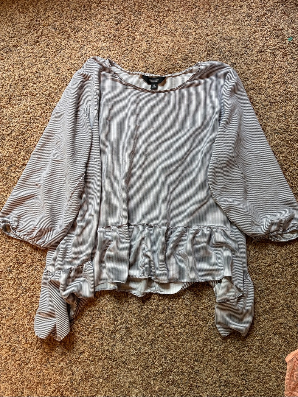 Simply Vera Vera Wang Blue & White Stripe Ruffle Hem Blouse XL